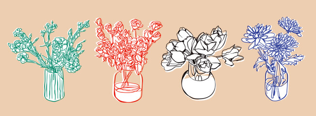 Outline flower bouquet in a glass vase or jar. Hand drawn Vector illustration. Paper cut, sticker, elegant one line style. Isolated floral design elements. Poster, print, card, decoration templates - obrazy, fototapety, plakaty
