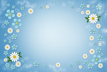 Fototapeta na wymiar floral greeting background template with frame from white daisies and light blue veronica flowers .Mothers day birthday floral party invitation concept .free copy space