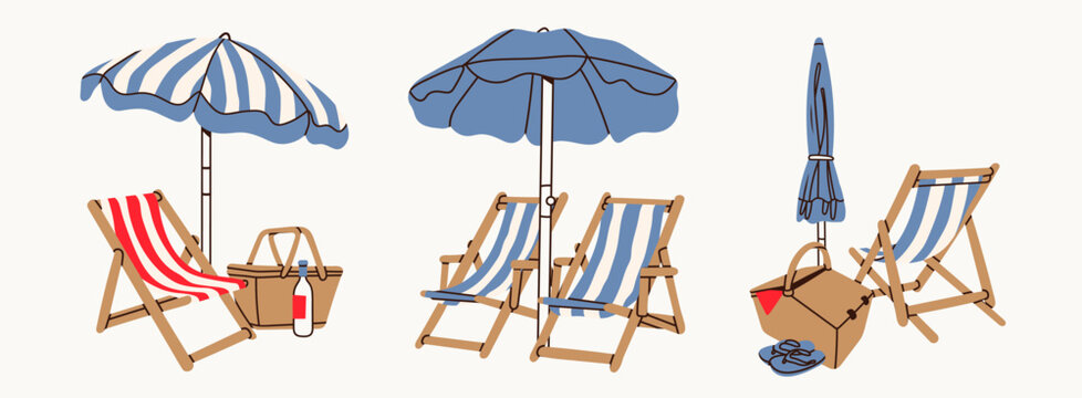 Summer beach set. Beach chairs, wooden deck chair, sun umbrella, picnic basket, sunbed. Hand drawn Vector illustration. Trendy unique style. Isolated design elements. Vacation, relax, holiday concept