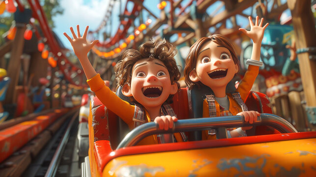 3D cartoon on whitebackground A familys first time on a roller coaster together at a carnival