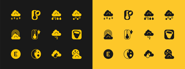 Set Hail cloud, Moon phases, Cloud and lightning, with rain, Thermometer, snow and icon. Vector