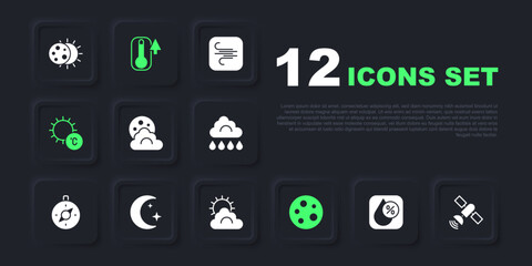 Set Water drop percentage, Satellite, Cloud with moon, Moon, Sun, and stars, Thermometer and cloud weather icon. Vector - obrazy, fototapety, plakaty