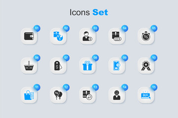 Set Happy customer, Price tag with dollar, Hot price, Shopping list, Buy button, Stars rating, Wallet and Gift box icon. Vector