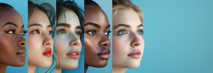 Multicultural beauty standards. Profile view of five women with different skin tones against blue...