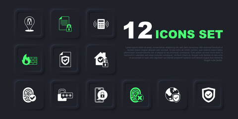 Set Shield with world globe, check mark, Contract shield, Cancelled fingerprint, Firewall, security wall, Cyber, Document and lock and Mobile closed padlock icon. Vector