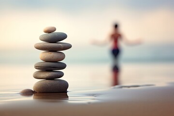 Zen Concept: Tranquil Beach Scene with Woman Stacking Stones in Abstract Asian Background - obrazy, fototapety, plakaty