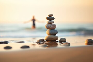 Fototapeta na wymiar Zen Concept: Woman Achieving Balance by Stacking Dark Stones on Calm Beach, Abstract Asian Background with Space for Text