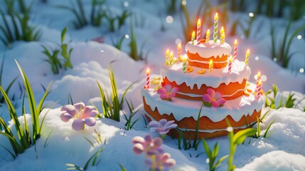 3D Cartoon Birthday Cake on a Thawing Lawn