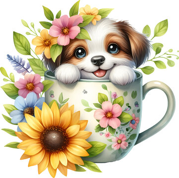 Happy Easter. Illustration of a cute puppy with flowers in a cup with Easter eggs on the ground. For postcards, t-shirts