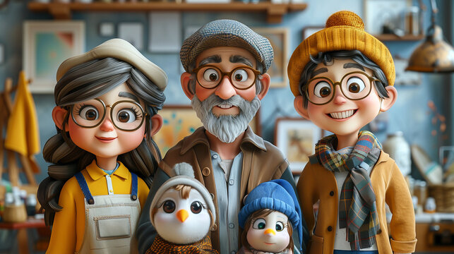 3D cartoon on whitebackground Family exploring an art festival