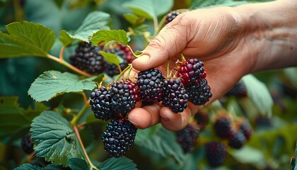 Hand picking blackberries off of a blackberry shrub. Blackberry picking season. Person picking ripe...
