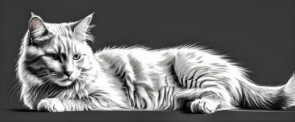 Illustration of a cat drawn on a dark gray background. A long haired cat staring somewhere. 