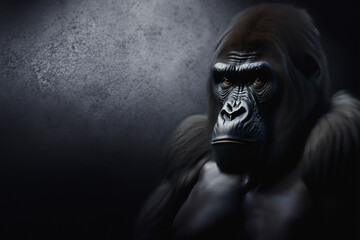 Portrait of a male gorilla, close-up. Male gorilla in natural conditions. Created by artificial intelligence