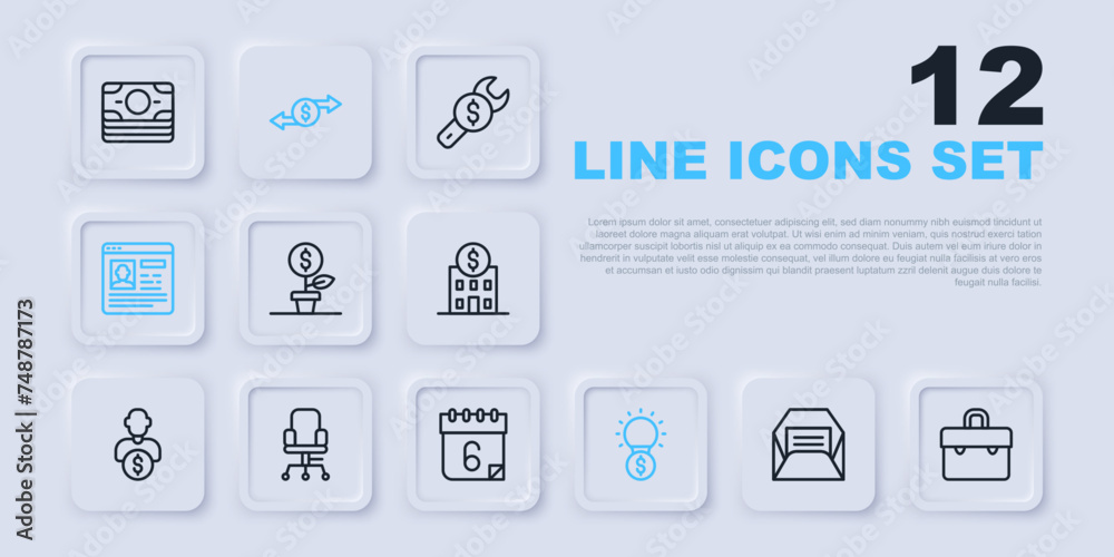 Poster Set line Envelope, Briefcase, Dollar plant, Light bulb with dollar, Resume, Office chair, Money exchange and Calendar icon. Vector