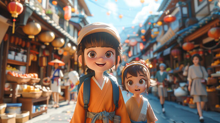3D cartoon on whitebackground Family walking hand in hand through a bustling festival street