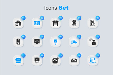 Set Taxi car roof, mobile app, driver license, cap, service rating and Parking icon. Vector