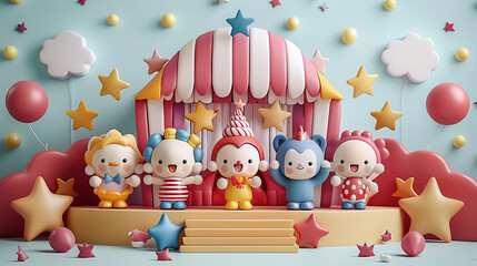 3D cartoon on whitebackground Family watching a magic show at a festival