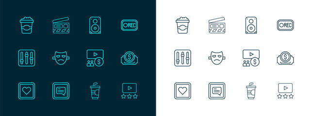 Set line Record button, Video with subtitles, Cinema auditorium screen, Paper glass water, Drama theatrical mask, Stereo speaker, Popcorn cardboard box and Movie clapper icon. Vector