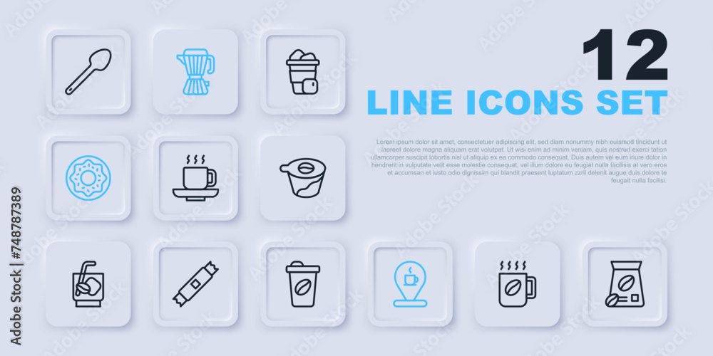 Wall mural Set line Coffee cup, Bag coffee beans, Location with, Donut, Sugar stick packets, maker moca pot and to go icon. Vector