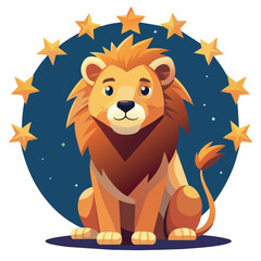 Zodiac sign Leo is sitting in the middle of a starry sky. The lion is smiling and looking at the camera. The stars surrounding the lion create a sense of wonder and magic