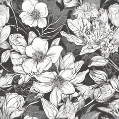 Detailed Line Art Illustration drawing of flowers, seamless pattern, showcasing intricate details and textures, tulips, daffodils, and roses in full bloom, for wallpaper, coloring books, decoration,