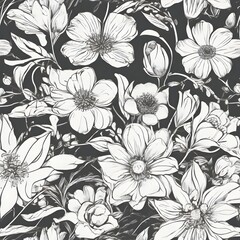 A black and white drawing of intricate flowers, seamless pattern, delicate petals and detailed foliage, elegant, classic, natural beauty, for coloring books or wallpaper, decoration, fabric, decor