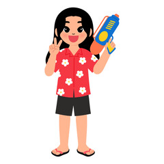 happy girl wearing flower pattern shirt and holding a gun water for having fun in songkran festival cartoon illustration
