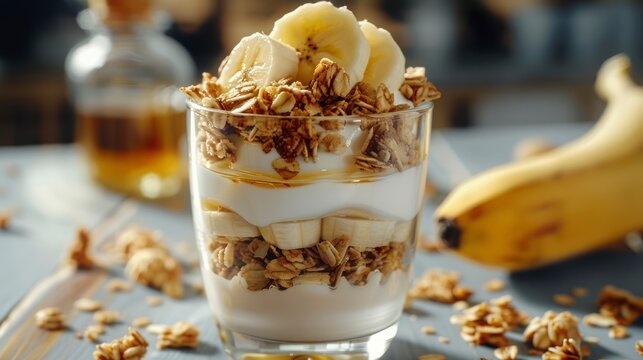 A Bright Start with Greek Yogurt, Granola, Honey, and Fresh Banana Slices