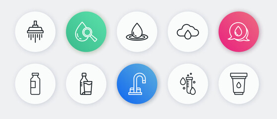 Fototapeta premium Set line Water tap, drop with speech bubbles, Bottle of water, Test tube, Cloud rain, filter cartridge and glass icon. Vector