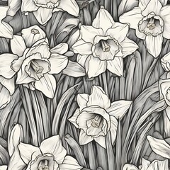 A detailed hand-drawn illustration of daffodils flowers, in black and white, in a seamless pattern, perfect for coloring or as a wallpaper design