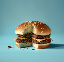 Delicious hamburger with meat, cheese and one piece missing isolated on bright background. Minimal fast fod concept. Copy space.
