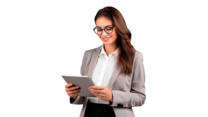 Young happy woman working on tablet cut out. Smiling business woman with tablet in hand