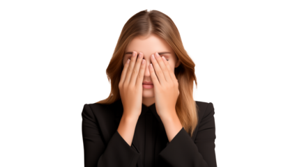 Young business woman covering eyes with hands on transparent background