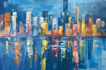 Skyline city view with reflections on water. Acrylic painting on canvas. Generative AI. - 748787744