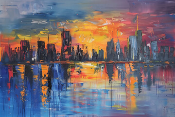 Skyline city view with reflections on water. Acrylic painting on canvas. Generative AI.