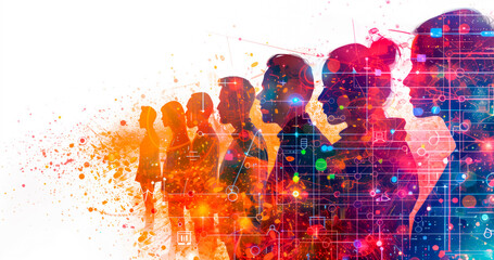 Colourful silhouette of a line of international people, overlayed with a digital technology communication diagram, representing working in global network partnership, banner style image. - obrazy, fototapety, plakaty