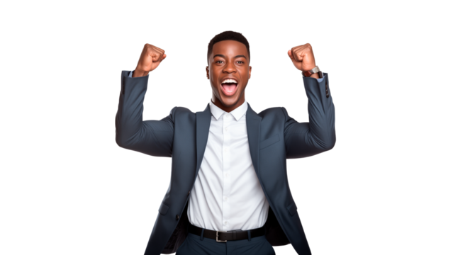 Happy black businessman celebrating success cut out. Isolated black man expression win