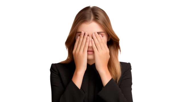 Young business woman covering eyes with hands on transparent background
