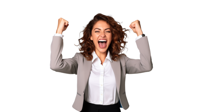 Happy young business woman celebrating success cut out. Isolated businesswoman expression win