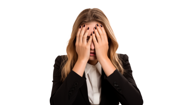 Young business woman covering eyes with hands on transparent background
