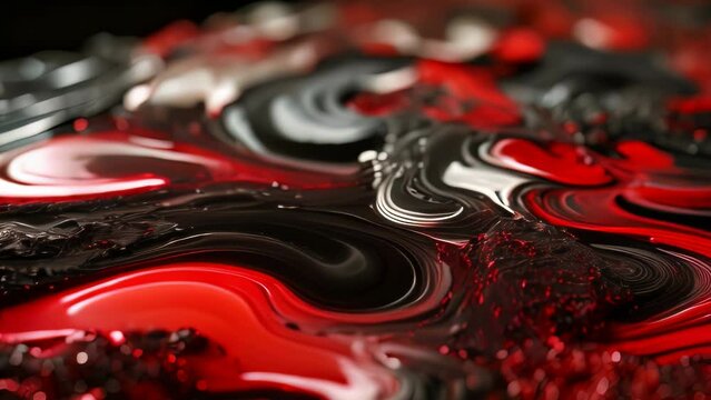 Video animation of close-up image showcases mixed paint in an abstract pattern glossy and fluid, with intricate swirls and waves