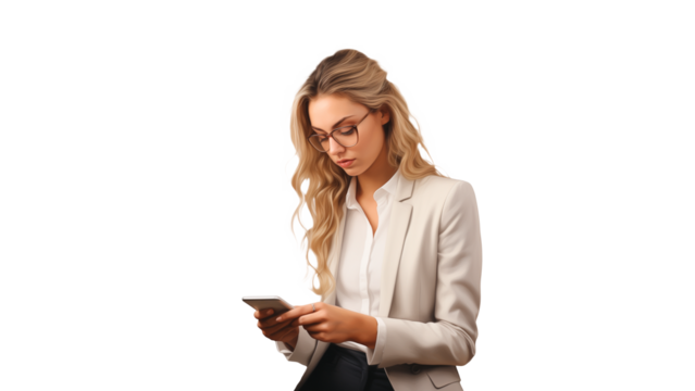 Business woman working on smartphone cut out. Woman in glasses with mobile in hands