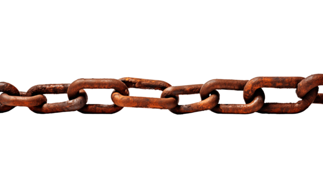 Isolated rusty chain cut out. Brown rusty chain on transparent background