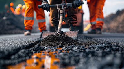 Naklejka premium Teamwork of road workers in the work of laying asphalt on a construction site. Leveling with hot asphalt and repairing the road