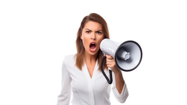 Young woman screaming at loudspeaker. Angry woman with loud speaker cut out