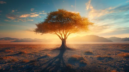 Zelfklevend Fotobehang Lonely - Colorful Tree stands in the middle of the bare desert. Hot sun rays pass through the branches of a tree © GeorgeAI