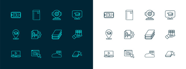 Set line Graduation cap in speech bubble, Online education, Book, Cloud or online library, Exam sheet with A plus grade, Web camera, and icon. Vector