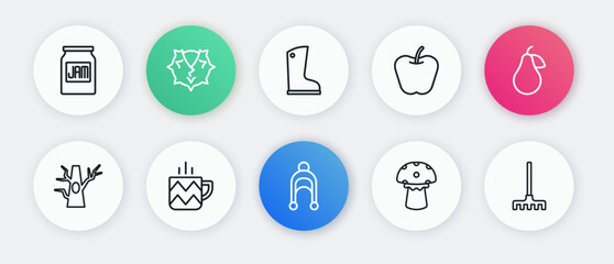 Set line Winter hat, Pear, Bare tree, Mushroom, Apple, Waterproof rubber boot, Garden rake and Cup tea icon. Vector