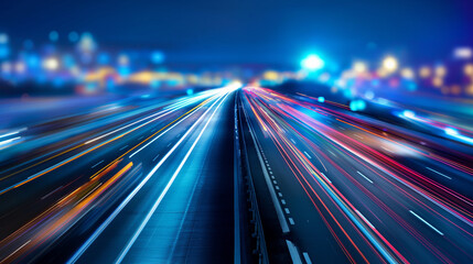 Long exposure on city road light, night highway lights in motion with highway road lights on city background