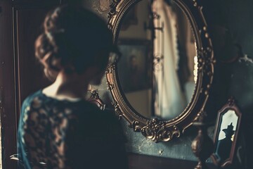 A young woman in a vintage interior design before the mirror - obrazy, fototapety, plakaty